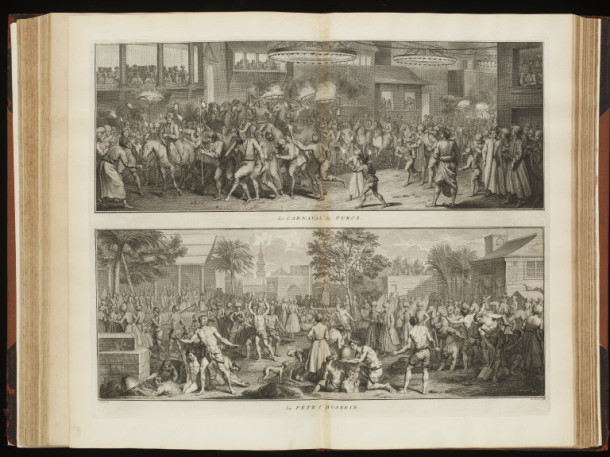 Pages from volumes of Picart's publication 'Cérémonies et coutumes religieuses de tous les peuples du monde' needed to be photographed to create a facsimile book for visitors to use in the gallery.