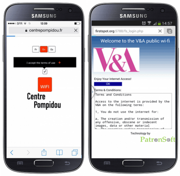 SCreenshots of mobile Wi-Fi from Pompidou Paris and V&A London