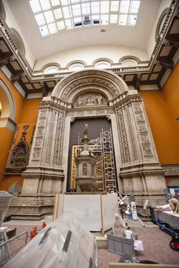 Baptistery doors behind the scaffold