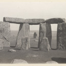 Black and white photograph of Stonehenge showing the Heel Stone.