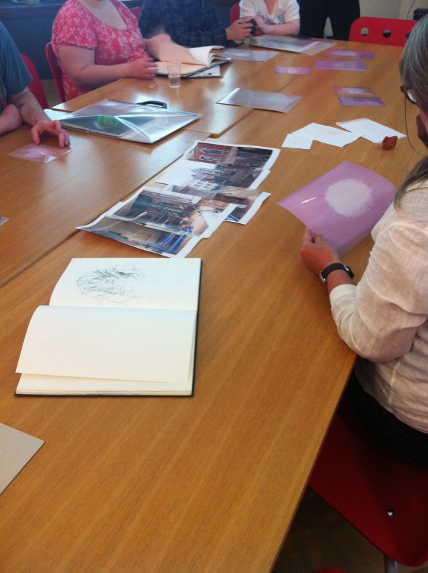 Liam brought along a couple of his sketchbooks, some photograms, pictures of the site and a piece of rubble to show the group. © Victoria and Albert Museum, London