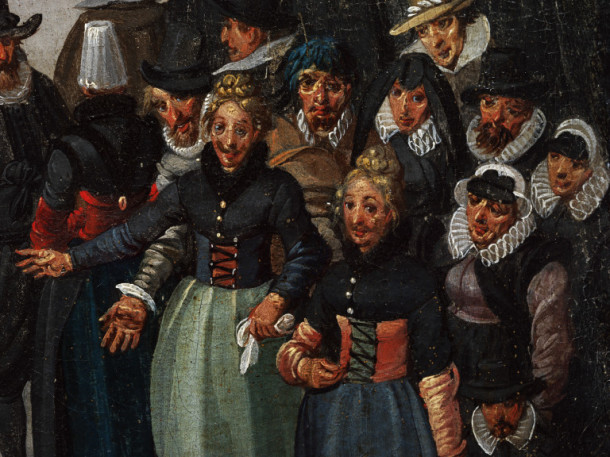 This group of revellers has taken advantage of the festive spirit, with two ladies sporting moustache ‘disguises’ © Victoria and Albert Museum, London