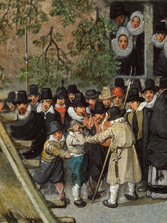 Here an official with a staff of office appears to be reprimanding two boys. But is one boy picking the other’s pocket? © Victoria and Albert Museum, London