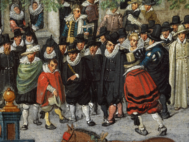 Two men in red are attracting the attention of bystanders. Might the red-cloaked man on the right may be about to throw something into the other’s hat? © Victoria and Albert Museum, London