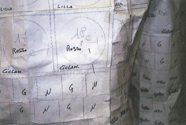 Tiny holes reveal where the paper pattern has been drawn over with a tracing wheel. In the centre of the middle circle there is a wide “H” shape, this is the buttonhole placement mark.