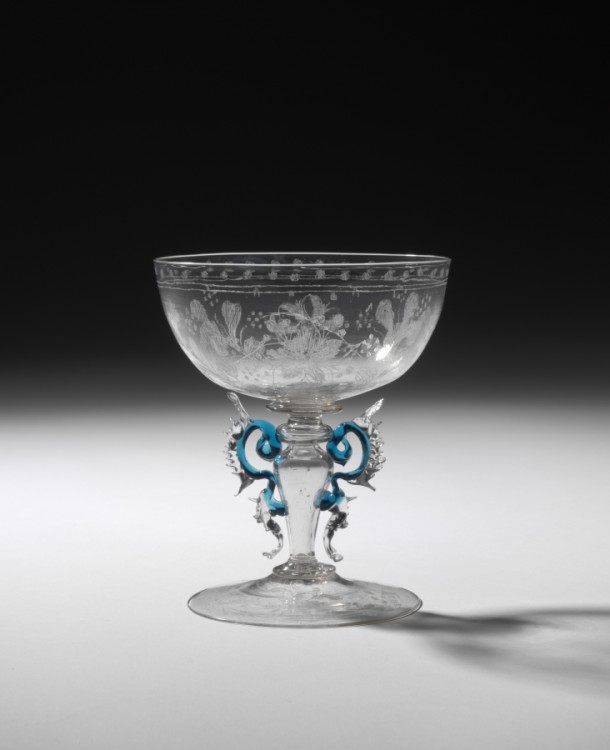 Glass, diamond engraved, with applied and tooled decorations, Venice, Italy, 1650-1700, C.89-1957. Victoria and Albert Museum, London.