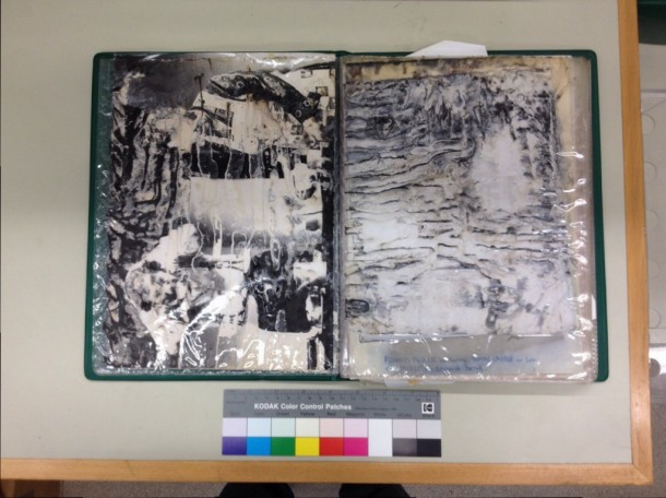 The photograph has been totally destroyed by the migration of plastizer from the album sheets. (c) Victoria and Albert Museum, London.