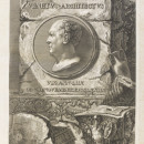 This engraving forms the title page of a volume. It depicts an ancient stone, with a cameo portrait of Giovanni Battista Piranesi in the centre. The portrait is a copy of a self-portrait by Piranesi, copied by his son for this volume. There are Roman engravings both above and below the cameo. Underneath the stone there are several classical motifs, including an armoured soldier, a city plan of Rome, and Roman vases. VA E.3958-1908