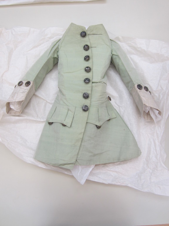 This coat forms part of one of my favourite objects - a miniature three-piece suit, consisting of a coat, waistcoat and breeches, that date from about 1760-65. Textile conservation will be mounting the suit on a made-to-measure mannequin for both photography and display. V&A T.282-1978
