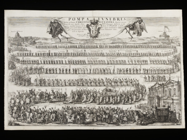 Funeral Procession of Christina Alexandra, Queen of Sweden; etching and engraving by Robert van Auden-Aerd; published by Giovanni Giacomo de Rossi; 1689