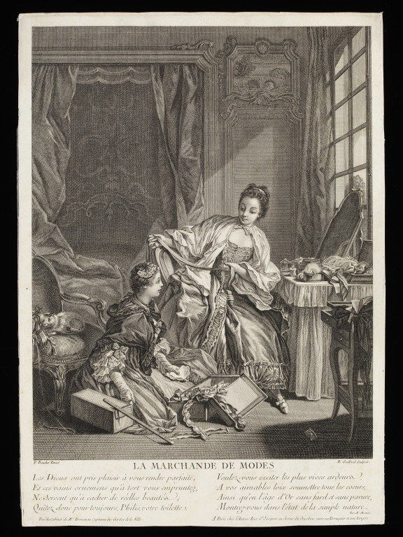 'La Marchande de Modes', engraving with eight lines of verse, engraved by R. Gaillard, after Francois Boucher, France, ca. 1755. V&A E.361-1905