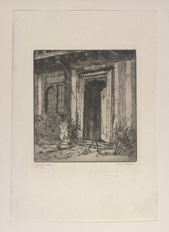 S.948-2014 Print Lithograph Print of an original sketch showing the main entrance to the home of the actress Ellen Terry (1847-1928) at Smallhythe Place, Kent. It is signed by the artist, Clare Atwood (1866-1962) and dated 1925. Handwritten pencil annotation dedicates the print to "Gabrielle Enthoven, Xmas 1925" Clare Atwood (1866-1962) Kent 1925 Printed