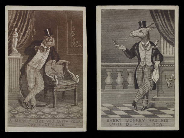 Two satirical prints showing a monkey and a donkey posing for carte de visite photographs