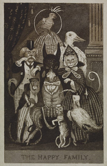 The Happy Family. Satirical engraving showing animals posing as a family group for a carte de visite