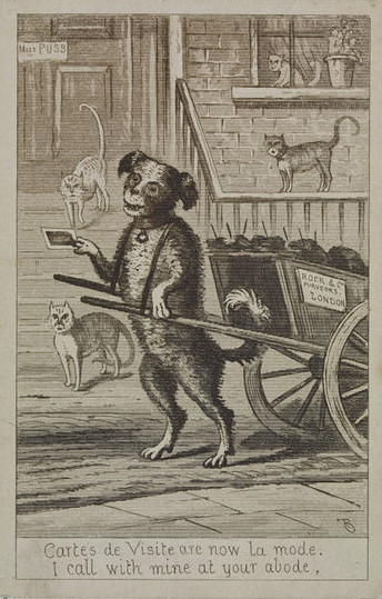 Satirical card showing a dog delivering a carte-de-visite
