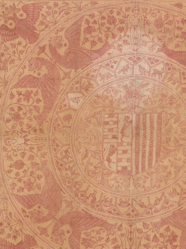 438-1882 Coverlet White cotton coverlet embroidered with the coat of arms of the Portuguese family Lima da Villa Nova da Cerveira, India or Bangladesh, first quarter of the 17th century Region perhaps Satgaon; Region perhaps Hooghly First quarter of the 17th century White cotton, quilted and embroidered with red silk.