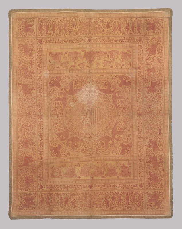438-1882 Coverlet White cotton coverlet embroidered with the coat of arms of the Portuguese family Lima da Villa Nova da Cerveira, India or Bangladesh, first quarter of the 17th century Region perhaps Satgaon; Region perhaps Hooghly First quarter of the 17th century White cotton, quilted and embroidered with red silk.