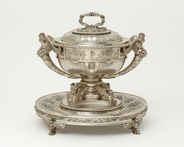 Soup tureen and stand, silver, London, 1806-7. Height 36.7 cm. Museum no. LOAN:Gilbert.786:1 to 3-2008