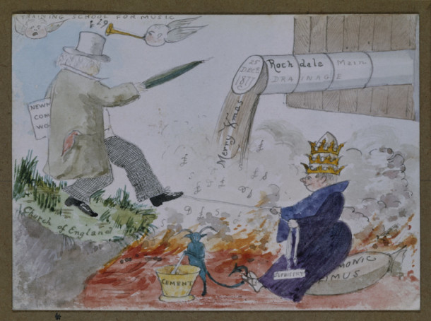 Christmas card for 1877 depicting a caricature of Sir Henry Cole