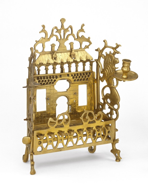 Hanukkah Lamp; brass. Height 35 cm, Width 30.5 cm. The Victoria and Albert Museum, Dr W.L. Hildburgh Bequest Museum no. M.413-1956