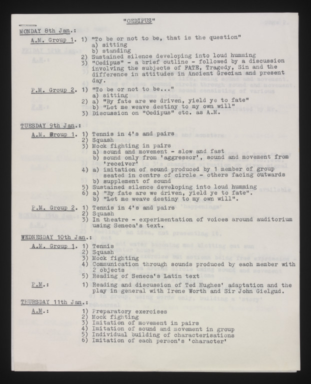 Rehearsal plans for Brook's production of Oedipus (1968) © Peter Brook/Victoria and Albert Museum, London