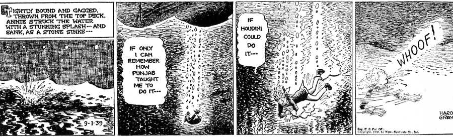 Another impossible situation to overcome!: Little Orphan Annie, Sep 2, 1939 - the moral witness to the American identity. © News Syndicate Co. Inc.