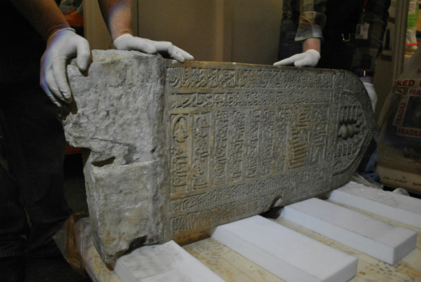 Museum technicians propping up Shaykh Mohammad’s gravestone (Mus. number A.5-1932). Image J.Puisto © Victoria and Albert Museum, London