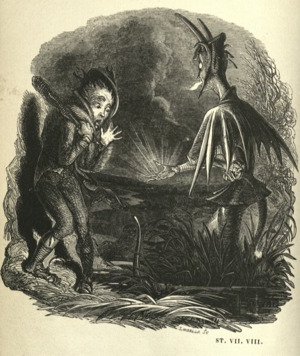 Wood engraving by Ebenezer Landells, after design by Thomas Landseer. Contained in: An address to the Deil by Robert Burns. Book, published London: William Kidd, 1830.