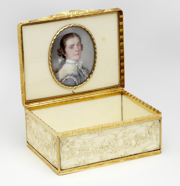 Gold-mounted ivory snuffbox with enamelled portrait miniature. Length 8cm, width 6.5cm, height 3.7cm. Inscription on the rim of the box: John the 1st Earl of Spencer. painted by Jean Etienne Liotard. Museum no. LOAN:GILBERT.408-2008