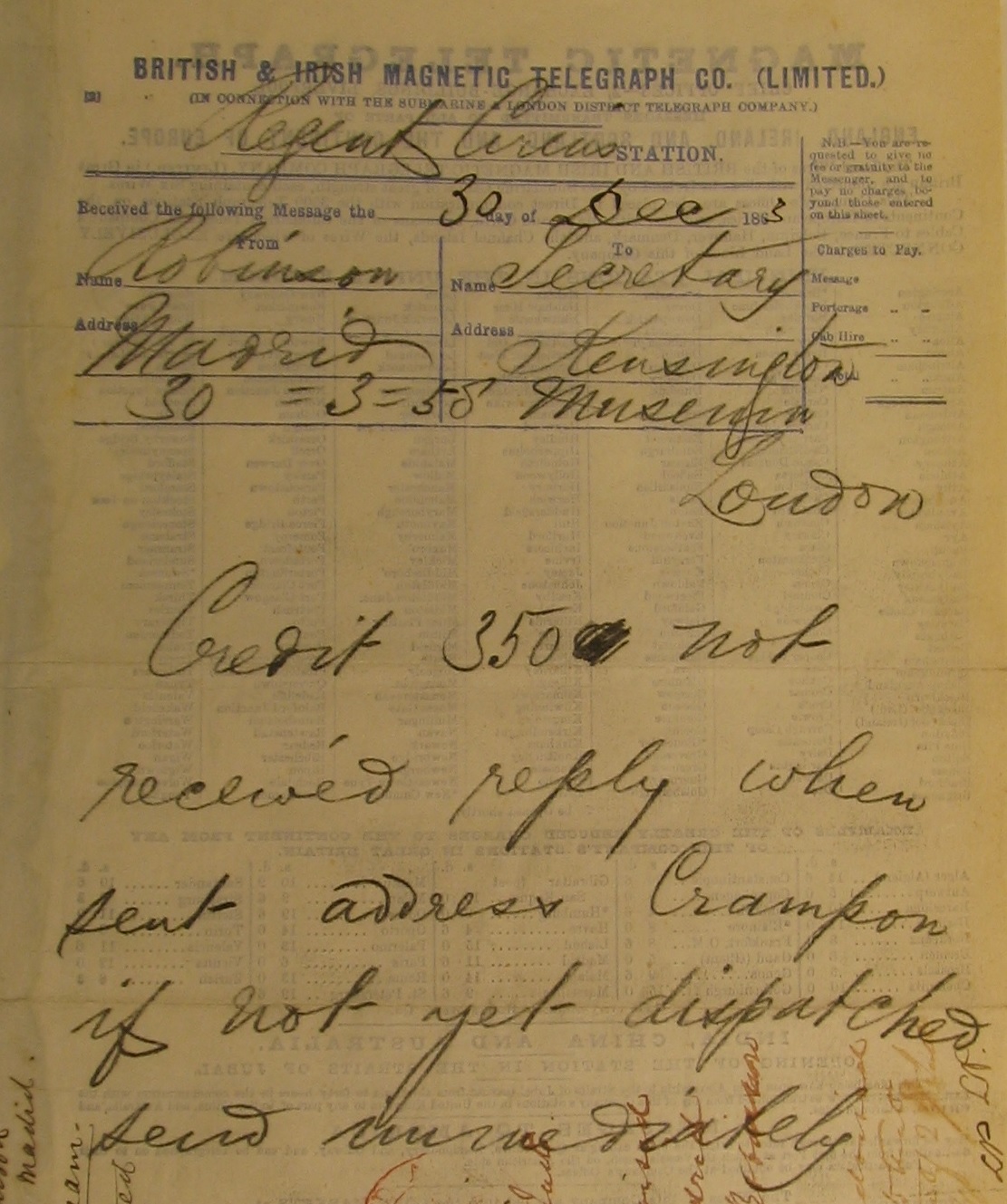 A telegram from John Charles Robinson requesting £350 be sent to Madrid (V&A Archive ref: MA/3/4; RP/1864/18) © Victoria & Albert Museum, London