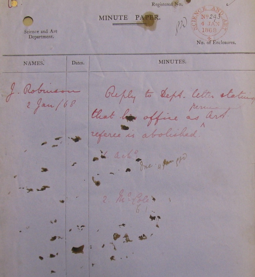 Front paper of John Charles Robinson’s response to the termination of his position, (purposefully?) splashed with ink (V&A Archive ref: MA/3/25; RP/1868/293) © Victoria & Albert Museum, London