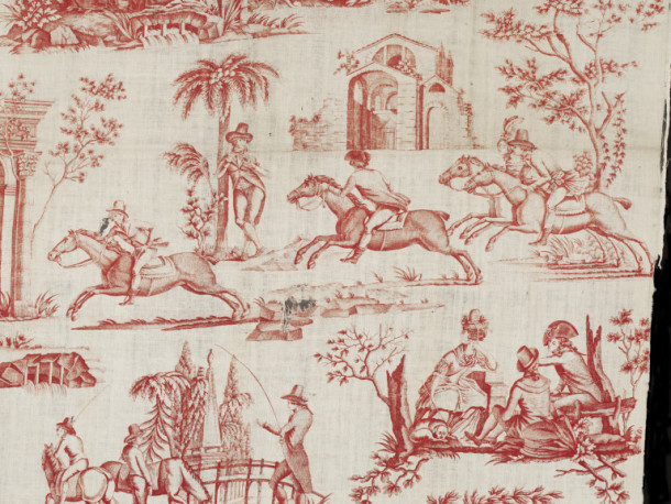 The fashion for horse racing was popularised by the Duc d’Orléans and the Comte d’Artois who imported horses and jockeys from England. Detail of a copper-plate printed cotton featuring a friendly race between riders. Toile de Nantes, France, ca.1790 V&A T.448-1919