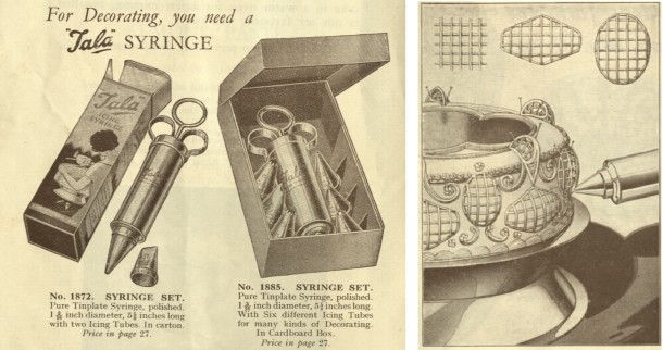 Tala syringe sets p.6 and Net Designs p. 23 of "Icing Art: how to ice and decorate cakes", 1937