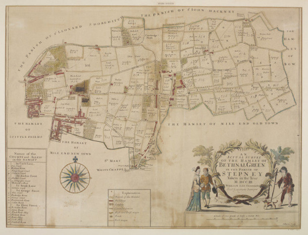 An Actual Survey of the Hamlet of Bethnal Green, coloured engraving by John Harris, 1703. Museum no. E.4887-1923. ©Victoria and Albert Museum