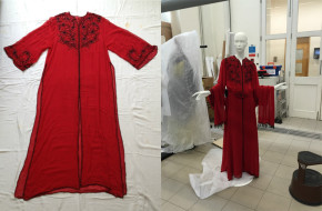 Red outfit designed by Zhor Sebti. The image on the left shows the photo taken of the garment when it first entered the Museum. The image on the right shows the ensemble mounted on a mannequin in our Textile Conservation Studio looking very slim! This is before Lara had started the padding process. Museum no. ME.5:1 to 4- 2015 © Behnaz Atighi Moghaddam