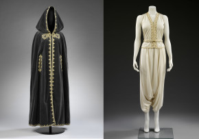 Image on the left: Velvet Cape designed by Naima Bennis c.1970. Museum no. ME. 4-2015 © Victoria and Albert Museum, London Image on the right: Outfit designed by Zina Guessous. Museum no. ME.9:1 to 3-2015 © Victoria and Albert Museum, London
