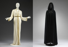 Image on the left: Outfit designed by Zina Guessous. Museum no. ME.8: 1 to 3-2015 © Victoria and Albert Museum, London Image on the right: Velvet Cape designed by Zhor Sebti. Museum no. ME.7-2015 © Victoria and Albert Museum, London