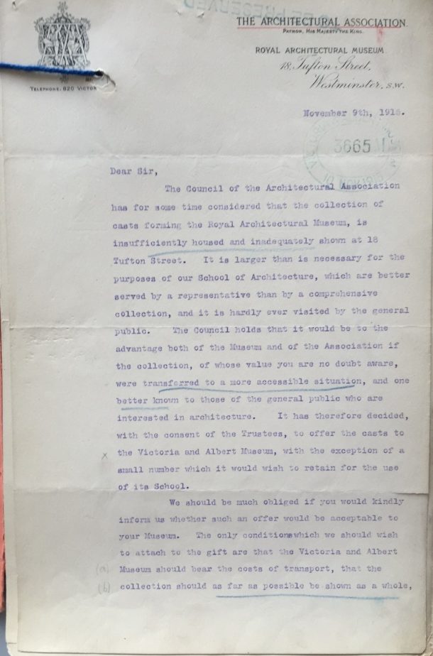 Letter from H. Austen Hall, President of the Architectural Association to Cecil Harcourt Smith, Director of the V&A, 9 November 1915 AAD no. MA/1/A772