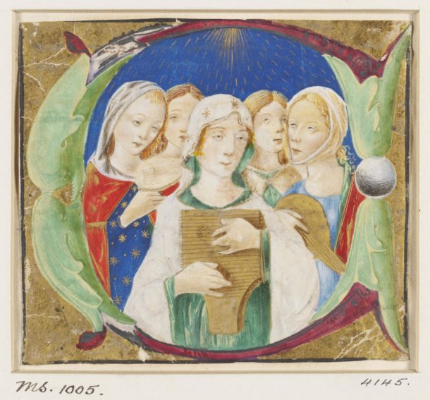 St. Cecilia with musical instrument attended by four female musicians