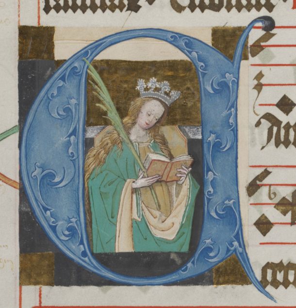 St. Cecilia with open crown and martyr’s palm reading a book