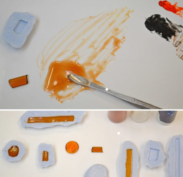 Applying dye to epoxy resin and casting resin pieces