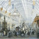Colour lithograph showing the grand nave of the Palais de l’Industrie at the Exposition universelle in Paris, 1855.