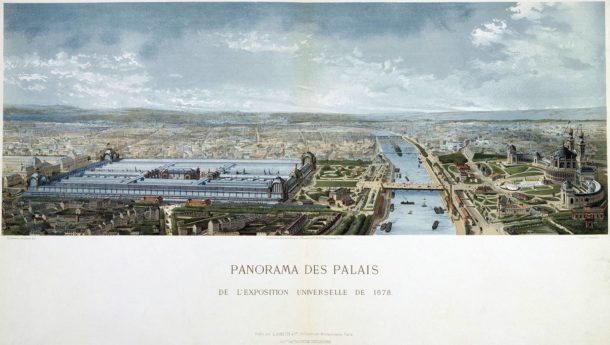 A colour lithograph showing a bird's eye panoramic view of the Exposition universelle in Paris, 1878.