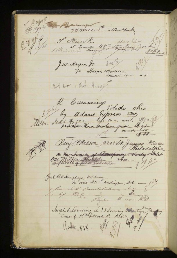Page 20 verso, Elkington & Co. Visitors' Book, 1855-1878. Victoria and Albert Museum, London. Reference: National Art Library Manuscript: MSL/1971/707-709. The first signature on this page is Henry Osborne Havemeyer (1847-1907) the sugar refiner and prolific art collector. In 1929, his wife, the prominent suffragist Louisine Havemeyer (1855-1929), bequeathed their collection to the Metropolitan Museum of Art in New York. Also on this page is the signature of Joseph Wesley Harper, Jr. (1839–1896) who was a director of the famed publishing house Harper & Brothers. He was the son of one of the firm’s founding brothers Joseph Wesley Harper (1801-1870).