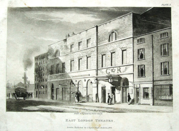 The Well Street facade of the East London Theatre building, ca.1825-1826