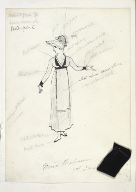 S.3485-2015 Costume sketch Ruddigore; Costume sketch by W.S. Gilbert showing a design for Rose Maybud for a production of Ruddigore, 1886 William Schwenck Gilbert (1836-1911), probably Great Britain 1886 Ink and pencil on paper with fabric swatches attached