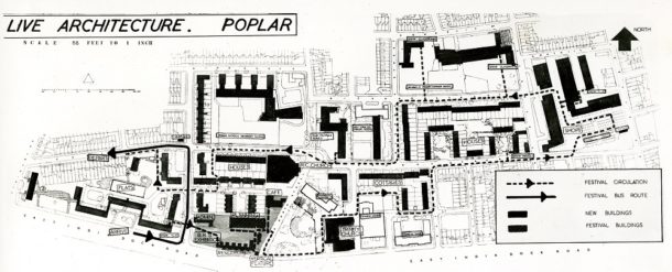 Plan showing circulation through 'Live Architecture' exhibition area and site of buildings to be erected for the Festival of Britain, 1951, Image courtesy The National Archives