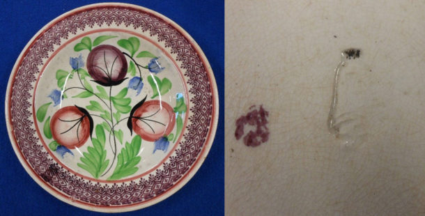 Fig. 3 Plate with sponge-printed and painted decoration and maker’s mark on base, J. & M.P. Bell Co. Ltd., Glasgow, © Sau Fong Chan