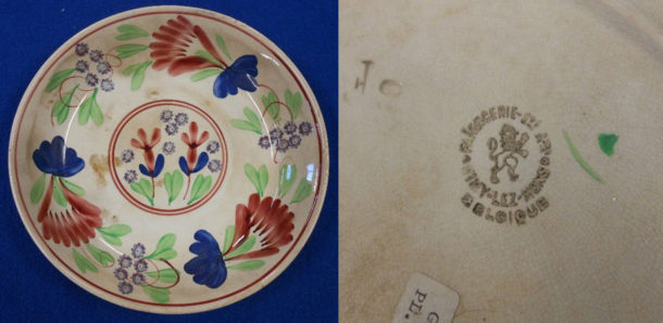 Fig. 4 Plate with sponge-printed and painted decoration and maker’s mark on base, Nimy-Lez-Mons pottery, Belgium, © Sau Fong Chan
