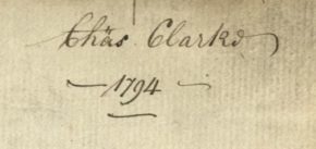 Ownership inscription in: Short principles for the architecture of stone-bridges, by Stephen Riou. Book, published London: C. Hitch and L. Hawes, 1760. NAL: 38041800915027